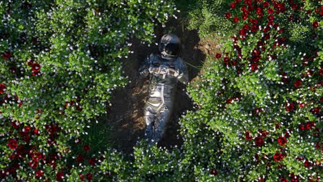 astronaut resting in a floral garden