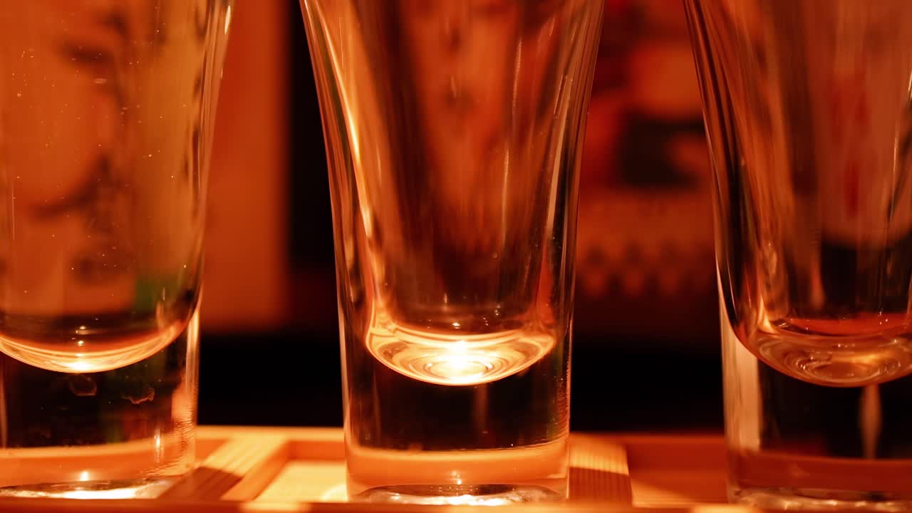 A series of glasses partially filled with amber liquid, reflecting warm lighting.