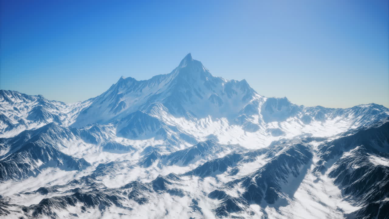 Majestic mountain peaks rise above a vast expanse of snow and ice