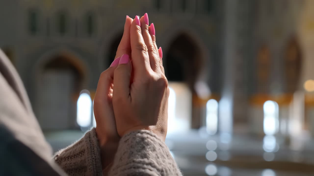 Hands in prayer in a sacred setting