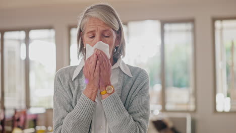 blood, tissue and sick senior woman coughing