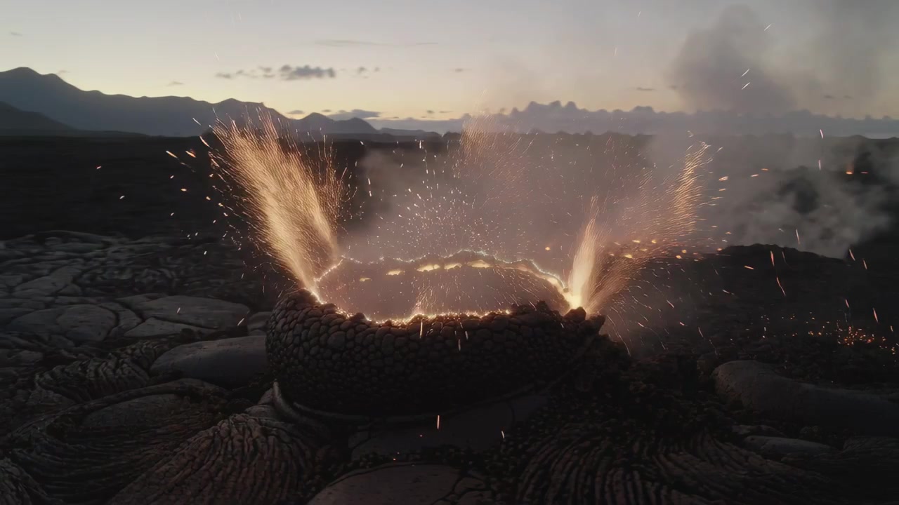溶岩原で火花と煙を噴き上げる活火山の噴気孔