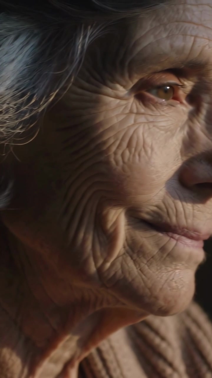 Vertical video: Camera starting senior woman turning to window light at home revealing knit sweater