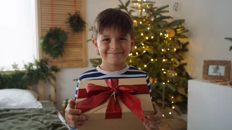 Porträt-Eines-Lächelnden-Kleinen-Jungen-Mit-Weihnachtsgeschenk