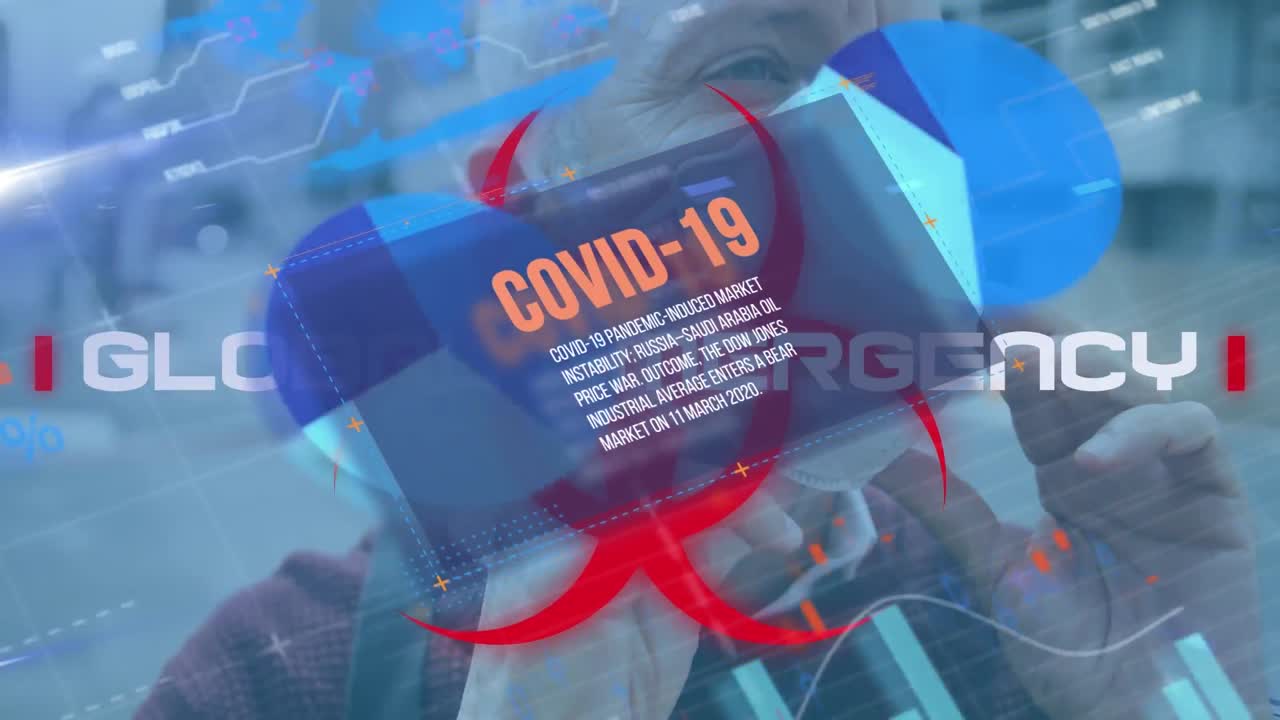 Animation of covid 19 data processing over biohazard symbol and man in face mask