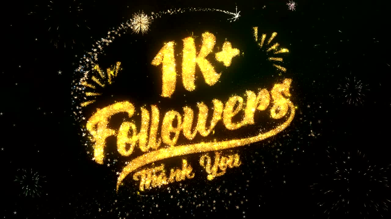 1k 추종자 인사 및 희망 카드는 반이는 입자 및 반이는 빛의 어두운 밤 하늘과 다채로운 불꽃놀이 4k 배경으로 만들어졌습니다.