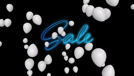 multiple white balloons floating over neon blue sale text signboard against black background