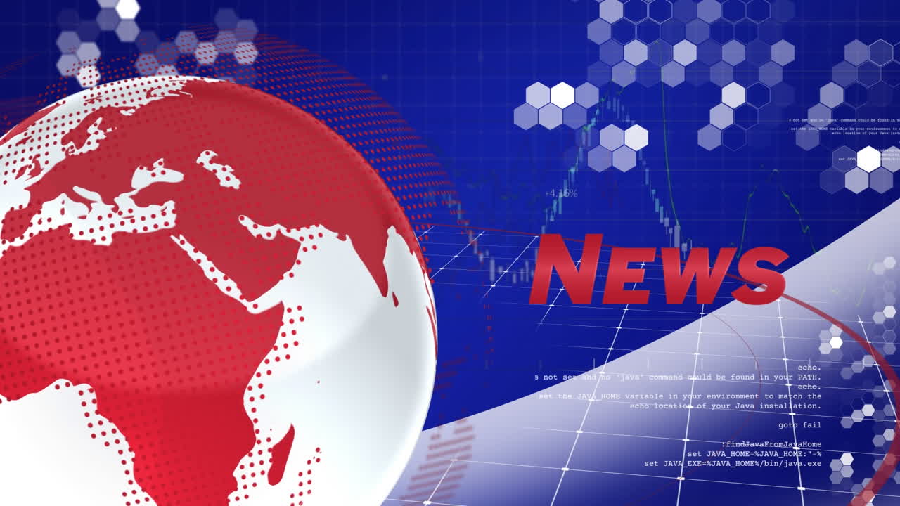 보라색 배경의 데이터 처리에 맞춰 뉴스 텍스트 배너와 회전하는 지구의 애니메이션