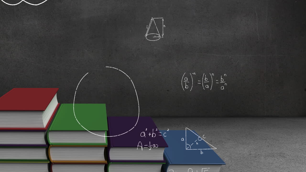 Pila di libri, equazioni matematiche e grafici