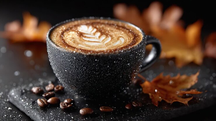 Um convite caloroso para se deliciar: uma xícara de café encorpado com uma arte latte belissimamente elaborada, em um aconchegante plano de fundo de outono
