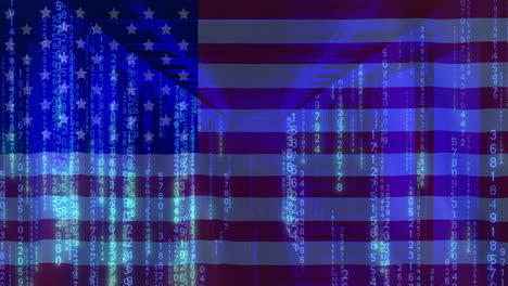 binary code and data streams animation over american flag background