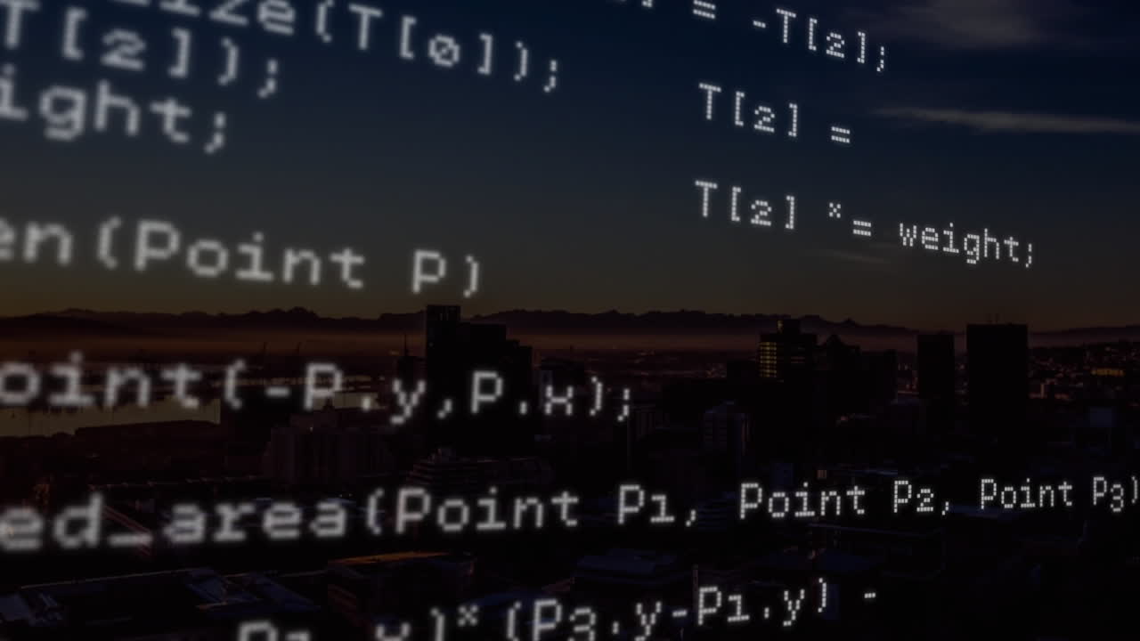 Computer code animation over cityscape at dusk