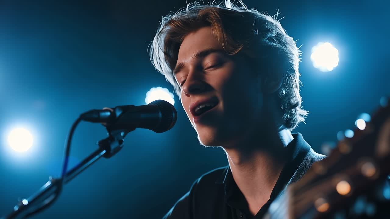 Young Man Singing and Playing Guitar on Stage with Blue Spotlights