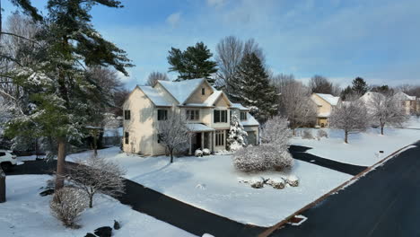 large american suburban home in winter snow