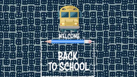 Animation-of-welcome-back-to-school-text,-pencil-and-school-bus-over-pattern