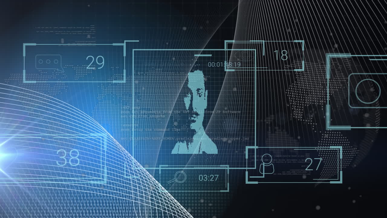 animación de procesamiento de datos y iconos de personas en todo el mundo