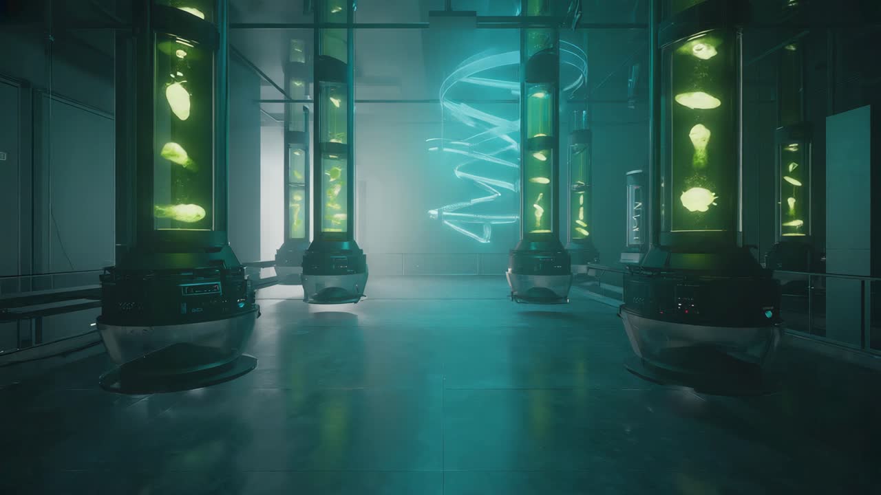 Futuristic Biotechnology Laboratory with Glowing Specimen Tubes and DNA Helix