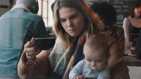 young mother caring for baby in cafe  nurturing child relaxing in busy restaurant drinking coffee enjoying motherhood