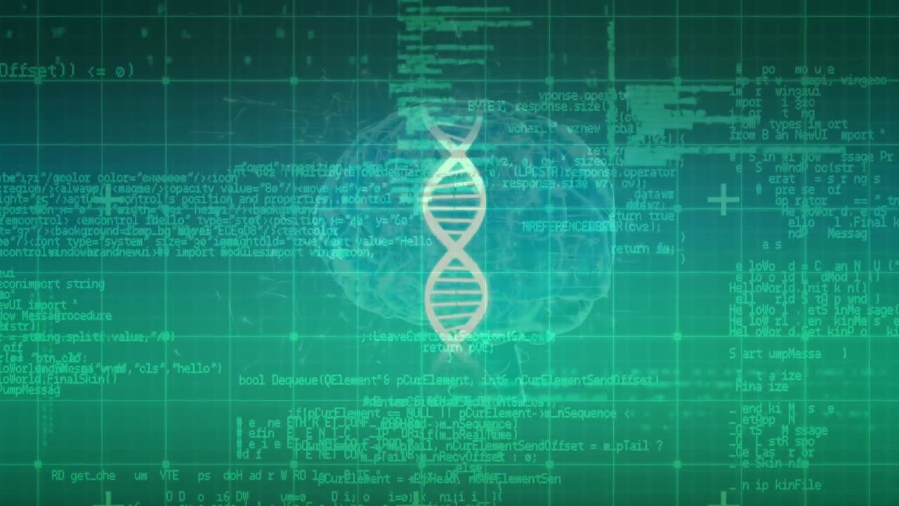Animation of dna strand over data processing and digital brain on green background