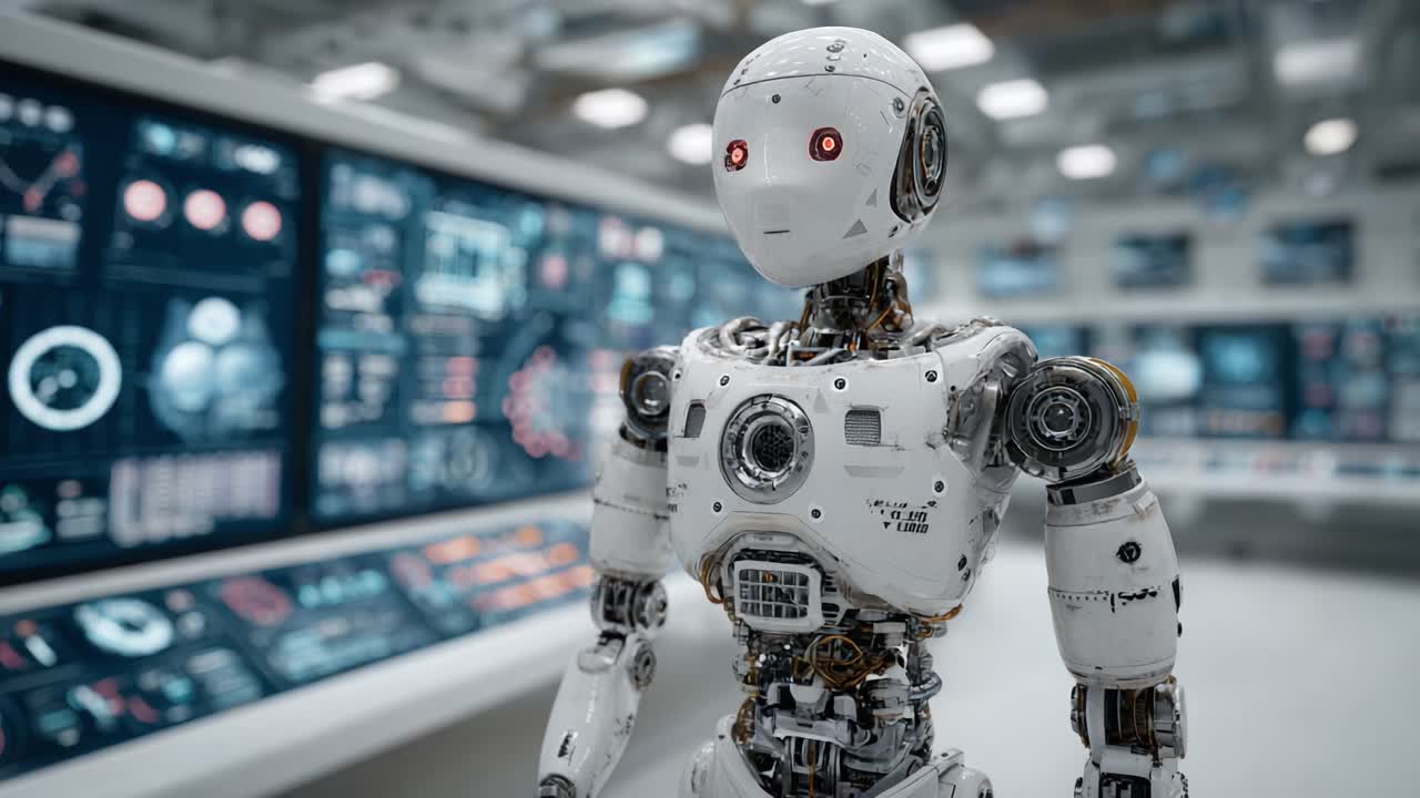 A futuristic humanoid robot with glowing red eyes stands in a high-tech control room, showcasing advanced technology and digital interfaces that symbolize automation and artificial intelligence
