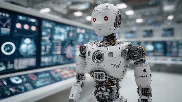 Un robot umanoide futuristico con occhi rossi luminosi si trova in una sala di controllo high-tech, mettendo in mostra tecnologia avanzata e interfacce digitali che simboleggiano l'automazione e l'intelligenza artificiale.