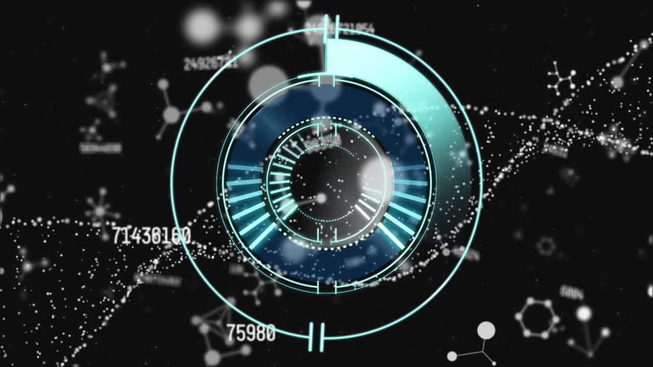 Animation of data processing with scope scanning over dna strand on black background