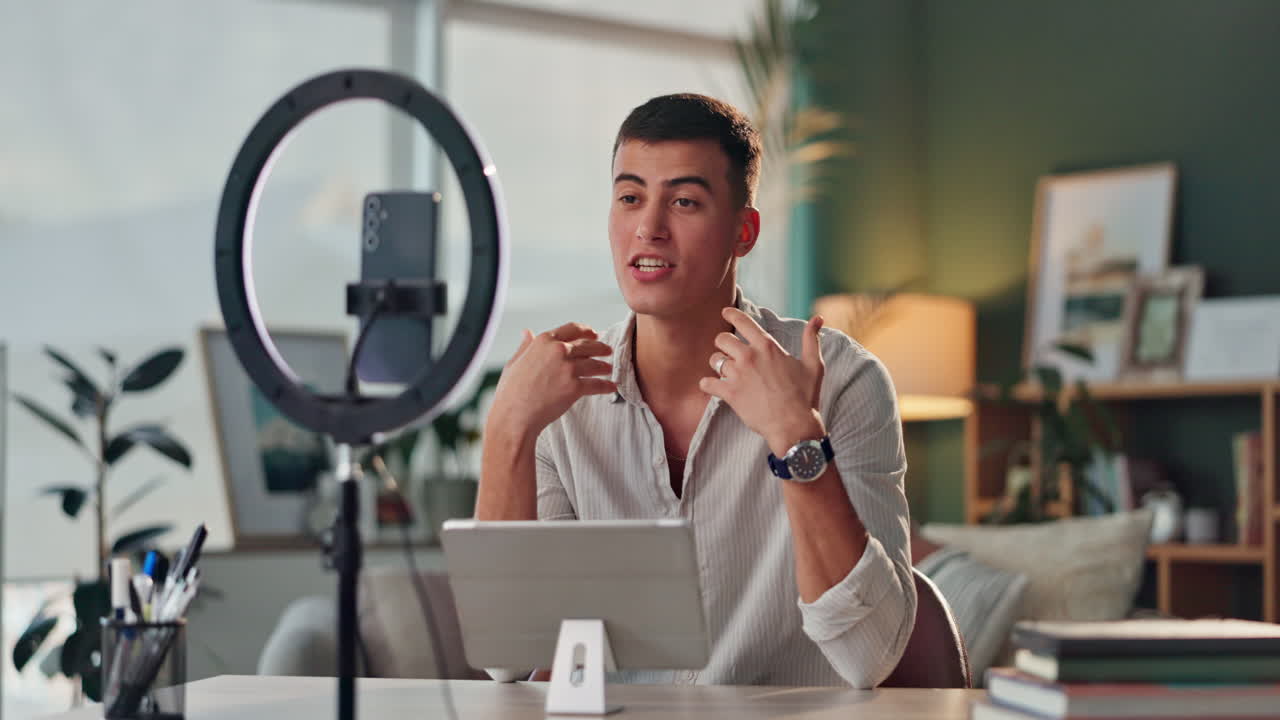 Man recording video with ring light and tablet