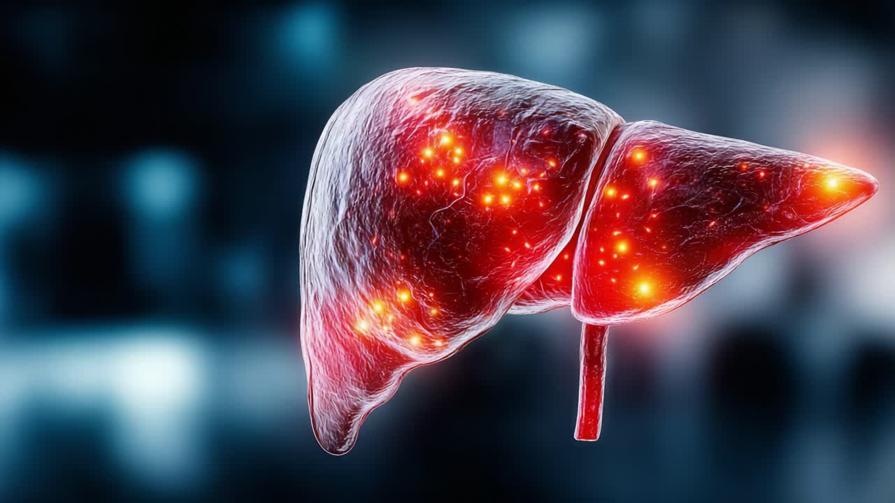 Questo accattivante contenuto visivo raffigura una rappresentazione dettagliata di un fegato umano, mostrandone l'anatomia, la struttura e gli elementi luminosi che ne evidenziano l'importanza nel corpo umano.