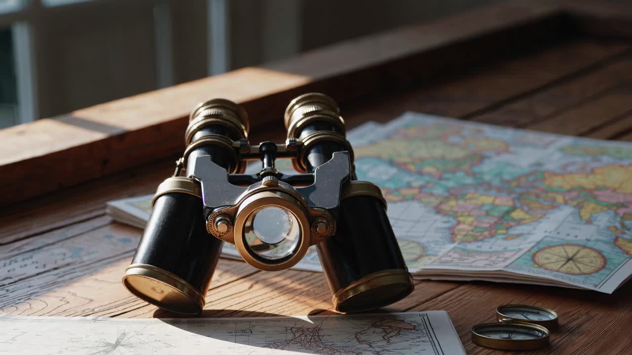 Vintage binoculars on maps, captured from a side angle. The scene evokes exploration and adventure