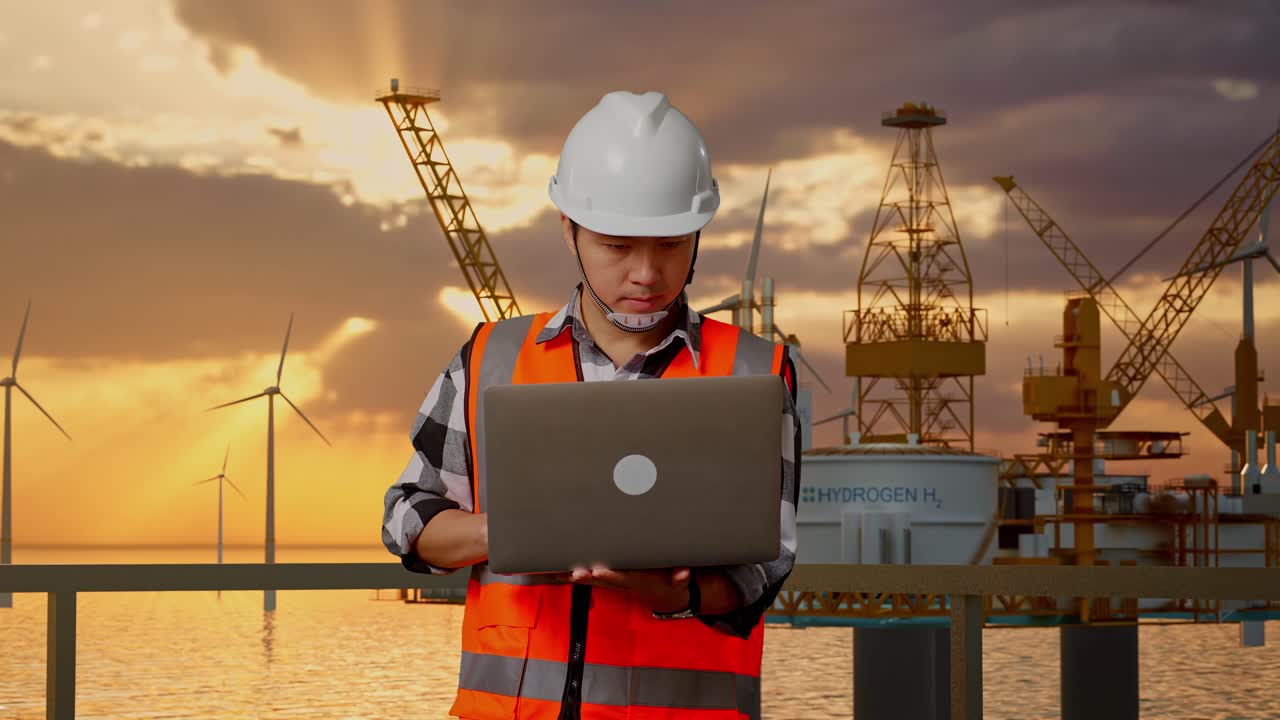 Asian Male Engineer With Safety Helmet Working On A Laptop While Standing With Offshore Hydrogen Production