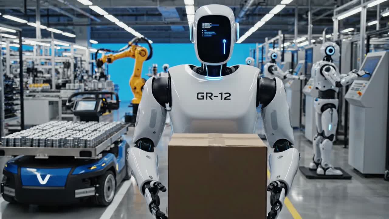 Humanoid robot går med eske i smart fabrikk