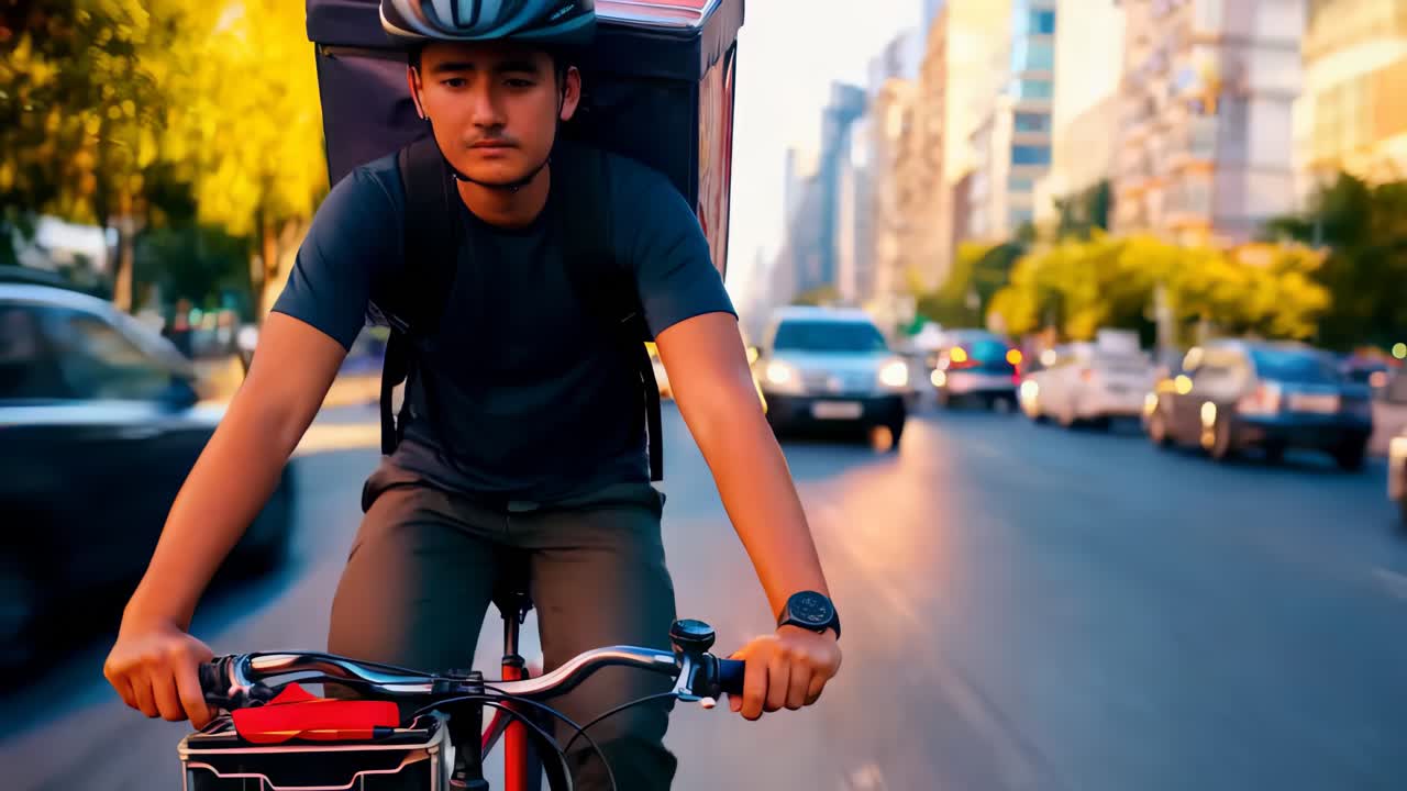 Food delivery rider cycling through a bustling city.