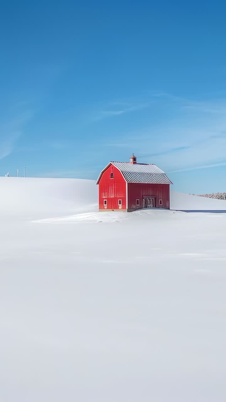 Vertical video: Moving camera dollying closer to red barn on snow field to reveal cupola details