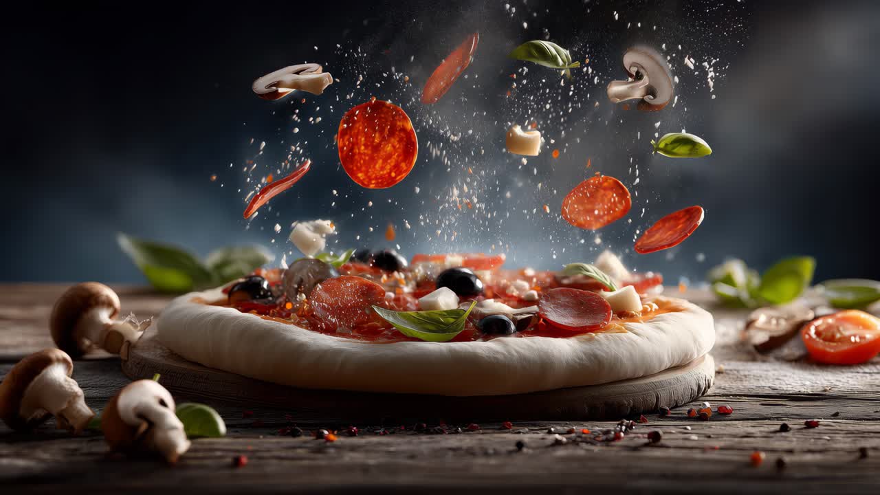Ingredientes frescos de pizza caindo sobre a massa