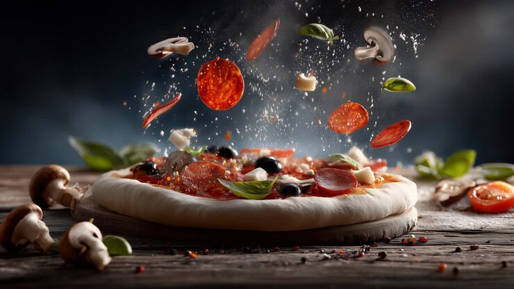 Ingredienti freschi per pizza che cadono sull'impasto