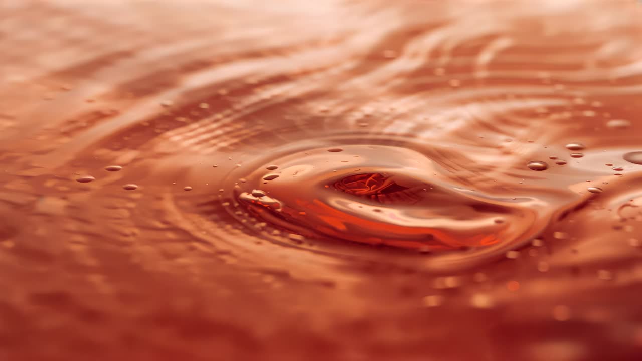 Vortice rotante di liquido ambrato che si forma dopo l'impatto di una goccia in un recipiente poco profondo, con bolle