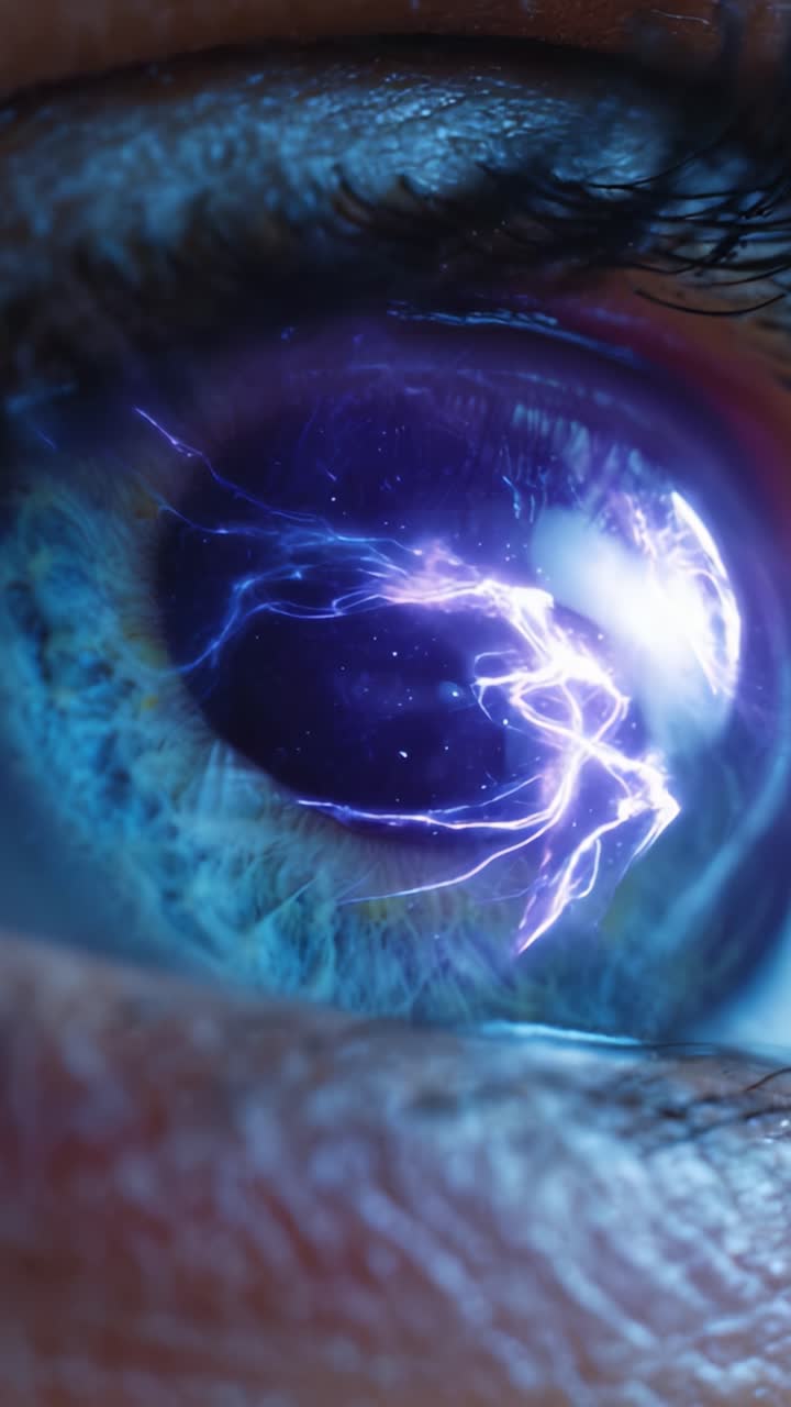 Un primo piano affascinante di un occhio che cattura energia elettrica, che mostra dettagli intricati con una straordinaria gamma di colori ed effetti di luce dinamici