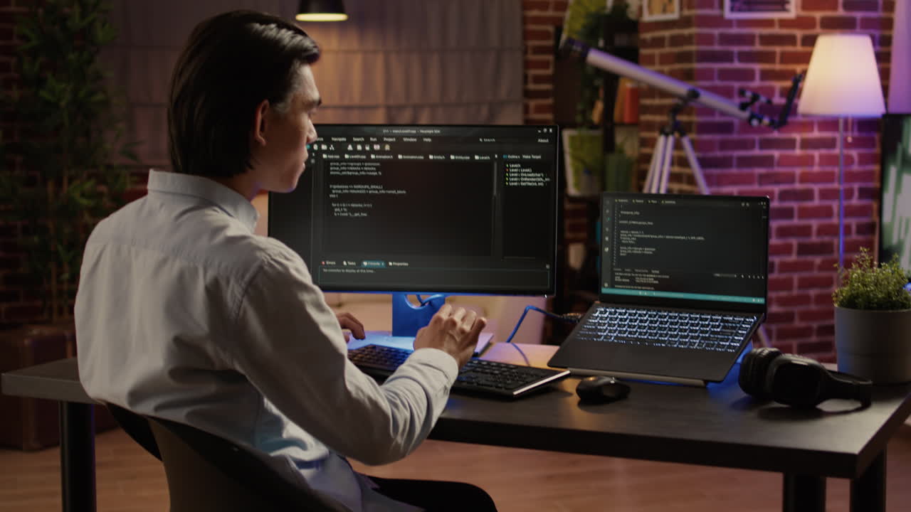 Man working on computer with code on screen