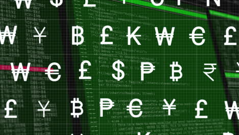 animation of currency symbols over data processing on green background