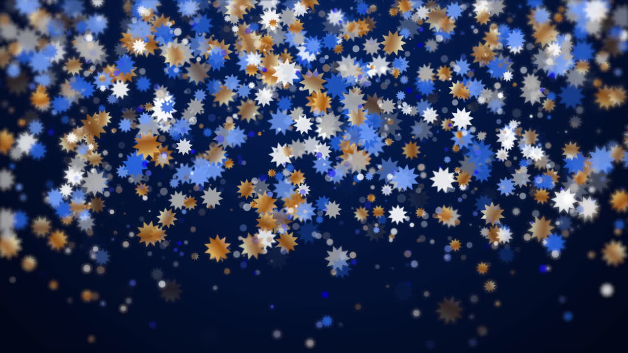Simple Christmas star pattern animation motion graphic. Gold blue white twinkle confetti. Banner starburst pattern. Christmas star symbol elements. Looped.