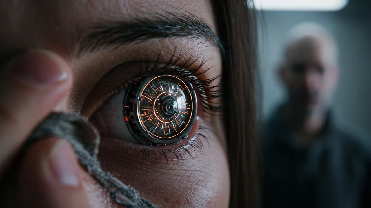 A Hyper-Realistic Close-Up of a Mechanically Enhanced Eye, Featuring a High-Tech Interface, Symbolizing the Fusion of Humanity and Technology in a Futuristic Setting