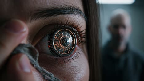 a hyper-realistic close-up of a mechanically enhanced eye, featuring a high-tech interface, symbolizing the fusion of humanity and technology in a futuristic setting