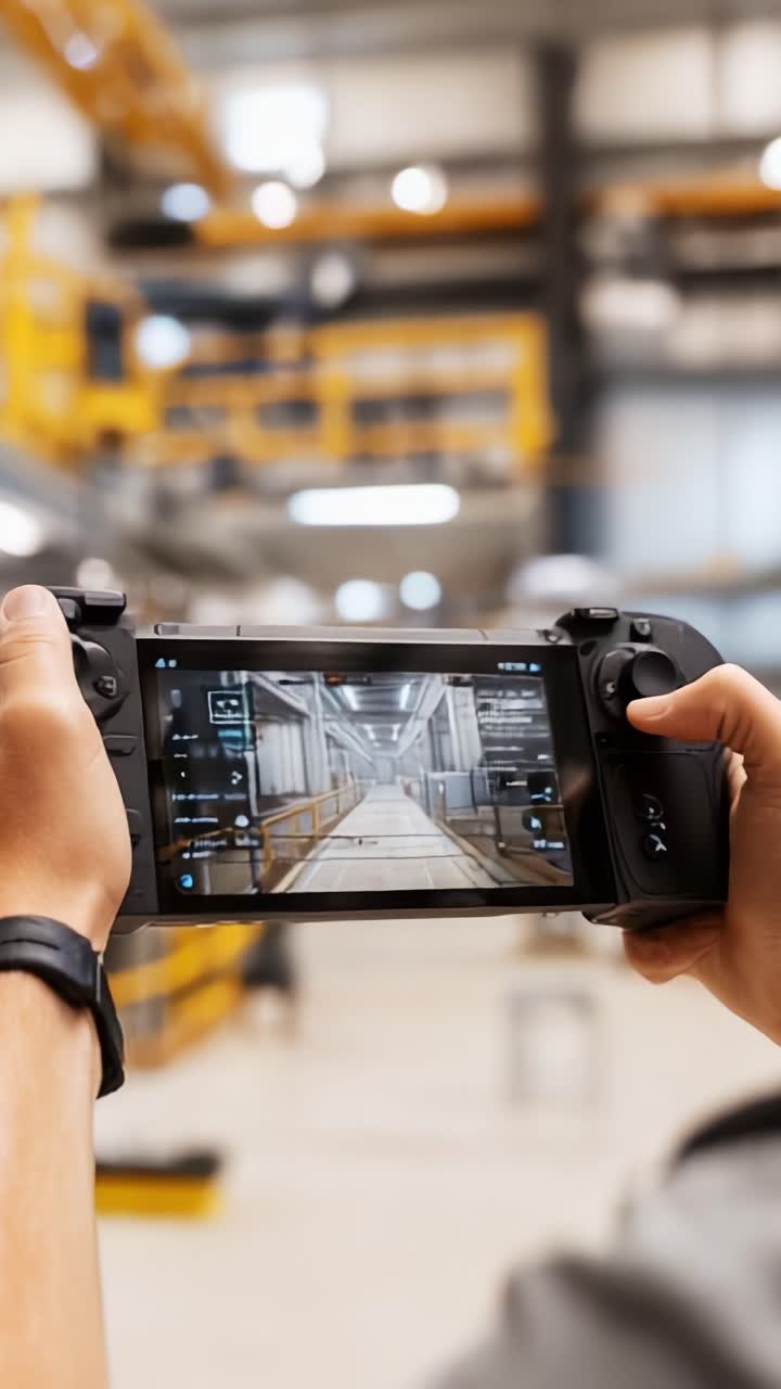 Una persona che utilizza un dispositivo portatile in un ambiente di magazzino, che mostra caratteristiche high-tech mentre naviga attraverso un'interfaccia virtuale sullo schermo