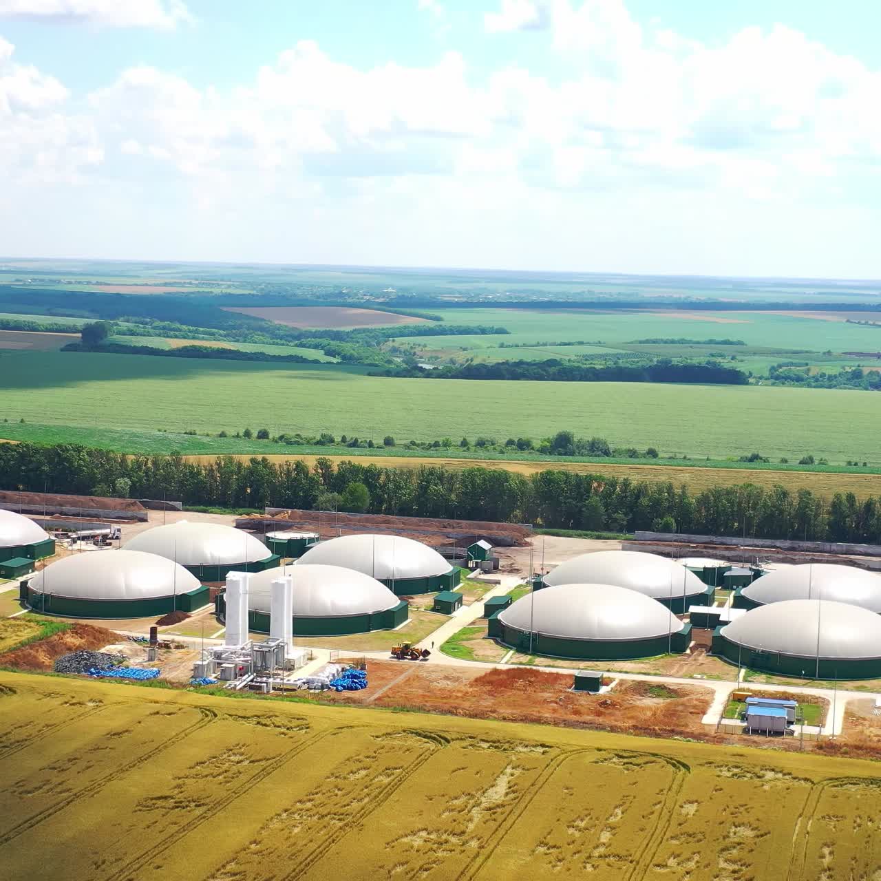 New agriculture complex for bio gas production. Innovative bio gas plant renewable energy from biomass. Aerial view