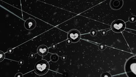 Animation-Des-Netzwerks-Von-Verbindungen-Von-Herzfrequenzsymbolen-Auf-Schwarzem-Hintergrund