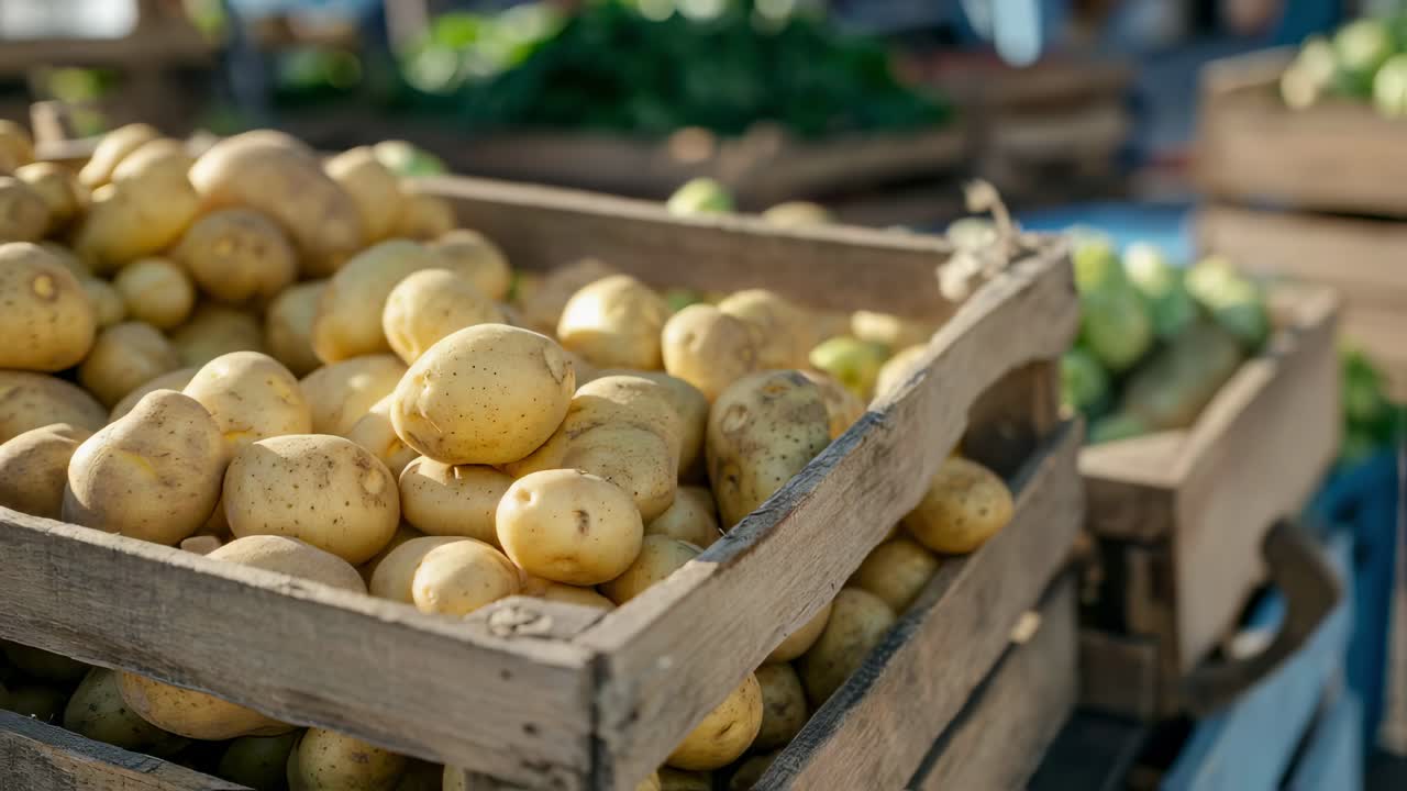 Potatoes in a Wooden Crate at a Farmers Market