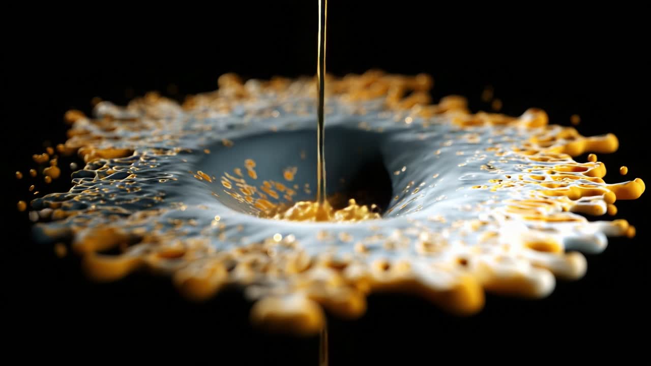 Dynamic Fluid Motion: A Captivating Visual Journey Through the Splendid Interaction of Liquid Droplets and Viscous Streams in an Artistic Creation