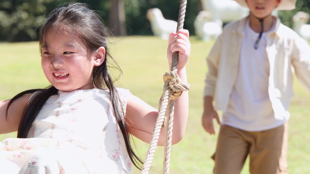 公園で木製のブランコに乗った小さな女の子を押す男の子