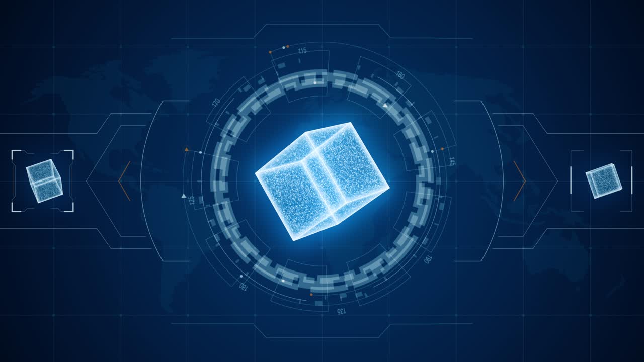Motion graphic of Blue futuristic cube with head up display ( HUD UI ) technology interface screen abstract background