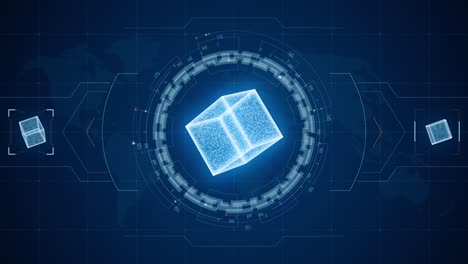 gráfico de movimiento de cubo futurista azul con pantalla de cabeza hacia arriba ( hud ui ) pantalla de interfaz de tecnología fondo abstracto